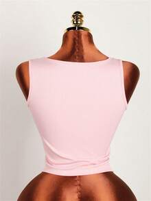 Top corto aderente di colore solido estivo, canotta con schiena scoperta, decorazione a goccia d'acqua, senza maniche, stile Y2K, scollo a U - Rosa - Visualizzare 2