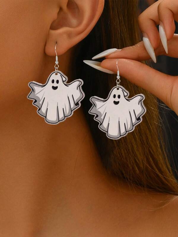 1 Pair Stainless Steel Skeleton & Ghost Earrings, Halloween Themed