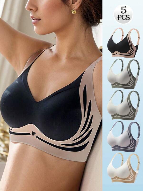 5pcs/Set Women's Green, Black, Blue, White Contrast Color Hook Closure Bra, Comfortable Breathable Semi-Padded Push-Up & Side Smoothing Sports Yoga Bra