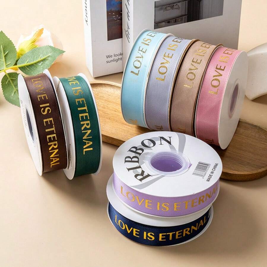 2.5cm X 5yards Floral Printed Satin Ribbon, Foil Stamped "Love Is Eternal" English Letter Bouquet Tie, Craft Supplies For Holidays, Birthdays, Celebrations - Multicolor - View 1