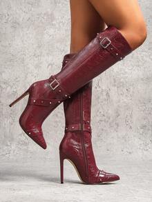 Fall/Winter 2025 12cm Sexy Fashion Leather Strap Metal Buckle Studded Pointed Toe Casual Versatile Side Zipper Burgundy Women Tall Boots,High Heels - Burgundy - View 3
