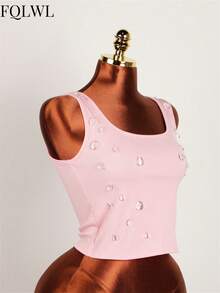 Top corto aderente di colore solido estivo, canotta con schiena scoperta, decorazione a goccia d'acqua, senza maniche, stile Y2K, scollo a U - Rosa - Visualizzare 3