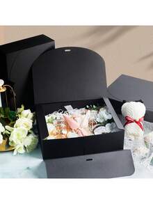 5件套黑色带盖礼盒，优雅伴娘求婚礼盒，白色礼盒配金色蝴蝶结丝带，生日礼盒，派对礼盒，圣诞礼盒，适合婚礼、圣诞节、万圣节礼物 - 黑色 - 查看 3