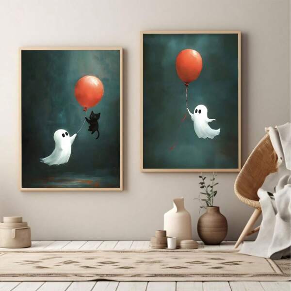 2pcs,Vintage Cute Ghost Halloween Art Poster,Red Balloon Black Cat Art Canvas Painting,Canvas Wall Art,Art Wall Art Gift,Wall Arts,Posters,Living,Room,Bedroom,Bathroom,Office,Hallway,Kitchen Decor,Room Decor,Home Decor - Canvas Material (Optional Frame)Halloween Fall Autumn