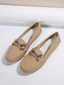 2025 Women's Spring New Arrival Gold Chain Elegant Slip-On Loafers, Lightweight & Comfortable, Versatile Rubber Flat Shoes - Apricot - View 3