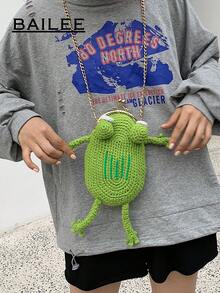 BAILEE 手工钩织可爱卡通青蛙零钱包，草绿色青蛙钩针夹，配可拆卸金属链，女士斜挎包，适合日常时尚、与朋友购物和校园生活 - 綠色 - 查看 3