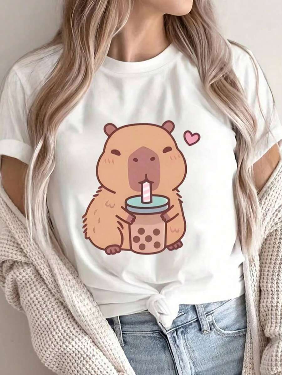 Playera Blanca Casual con Estampado Kawaii de Capibara Bebiendo Bubble Tea Letras Casual Ninguno - Blanco - Ver 1