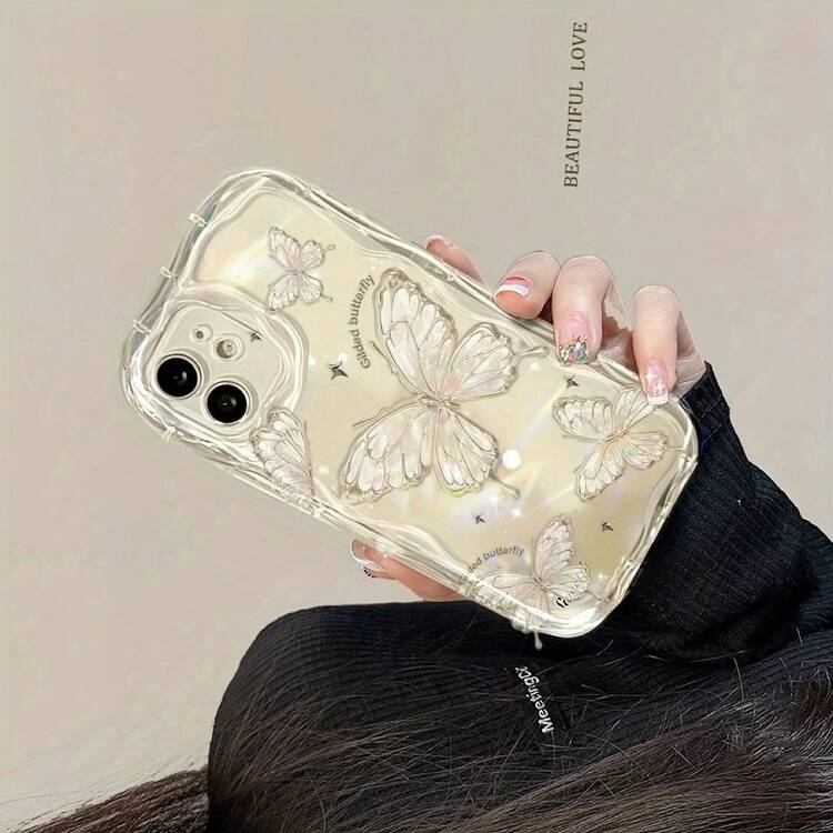 Funda para teléfono: Mariposa Dorada Brillante Nueva Funda Transparente TPU Ondulada, Compatible con iPhone 11/12/13/14/15/16/17/12 Pro Max/14 Pro/15/X/XR/7/8 Plus y Más Modelos, Elegante, Engrosada, Antigolpes, Duradera y Resistente a Manchas - transparente - Añade 4