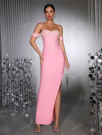 Modphy New Summer Women Pink Sexy Off Shoulder Open-Slit Bandage Dress, Elegant For Wedding, Bridesmaid, Holiday Party, Formal Evening Gown Wedding Guest Dress