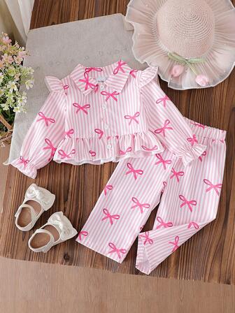 春秋款女宝宝条纹蝴蝶结印花长袖套装，泡泡袖蝴蝶印花搭配条纹设计，新生儿长袖套装，整体甜美清新，展现童真可爱，适合婴幼儿日常或休闲场合