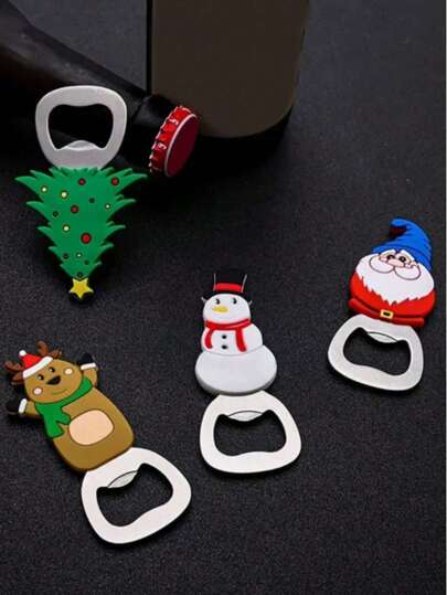 1/4PCS Christmas Themed Bottle Openers(Fridge Magnet Function) - 4 Cute Designs (Santa, Snowman, Reindeer, Xmas Tree), Stainless Steel Barware, Fun Party Utensil, Perfect Holiday Present