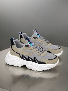 男士时尚百搭撞色系带运动鞋，户外和日常字母印花低帮厚底跑步鞋 - 卡其色 - 查看 3