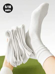 5/10/20 Pairs Women's Solid White Soft Comfortable Mid-Calf Socks, Suitable For Daily, Outdoor, Casual, Sports Matching With Loafers, Sneakers, All Seasons - White - View 7