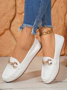 2025 Spring New Women's Fashion Gold Chain Elegant Slip-On Loafers, Lightweight & Comfortable, Versatile Rubber Flat Shoes - White - View 2