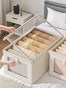 1pc Beige Covered Fabric Storage Box, Foldable Closet Organizer Box With Visible Window, Drawer Style Jeans Storage Container For Home - Beige With Lid - View 1