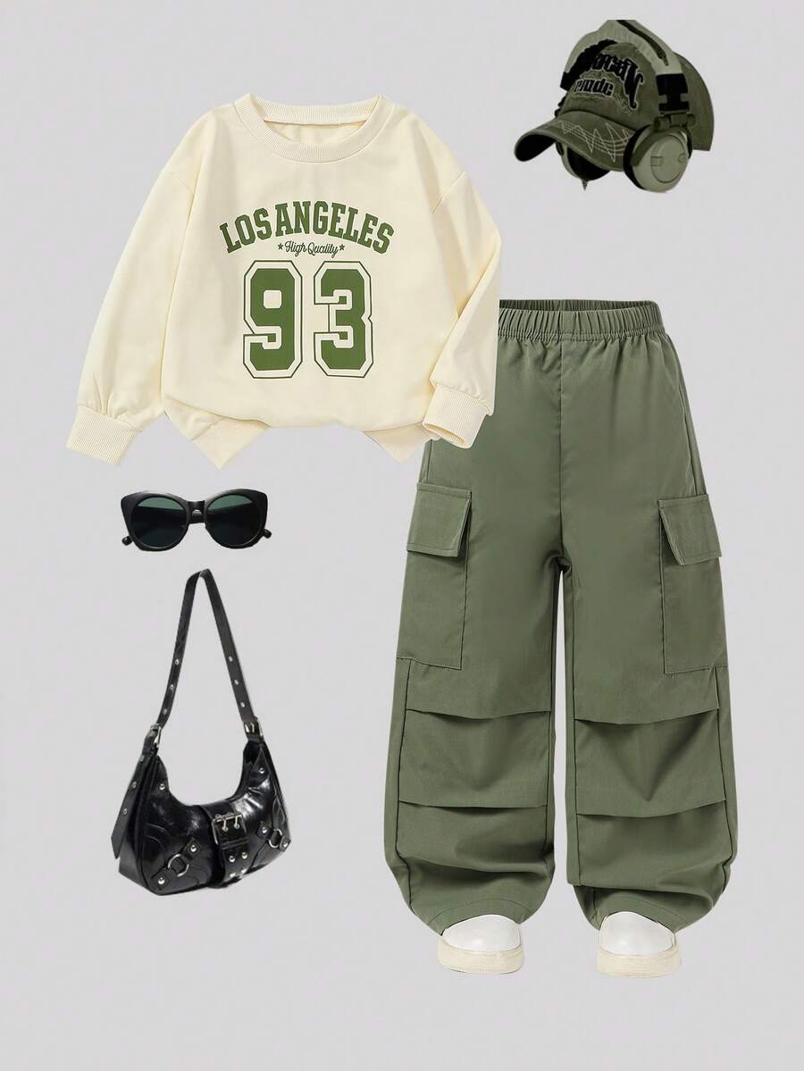 女孩秋冬装，宽松圆领长袖运动衫 + 阔腿休闲裤，带侧袋，适合外出、聚会和作为礼物 - 綠色 - 查看 1