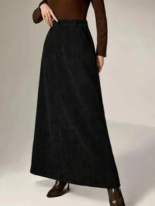 经典纯色高腰纽扣口袋A字裙，休闲百搭，灯芯绒面料，适合秋冬季节穿着。黑色春季款 - 黑色 - 查看 4