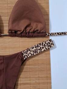 Bicolor Set Perfect Bronze Curtain With Double String Panties Halter Bikini Polyamide Casual Elegant Sensual Backless / Backless Knot At The Back - Nâu và báo - Xem 4