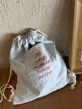 Korean Style Denim Embroidered Drawstring Backpack, Unique Design Casual Backpack With Large Capacity, Fashion