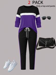 Fall/Winter Women's Fashionable Outfit, Color Block Round Neck Long Sleeve T-Shirt And Waist Drawstring Long Pants Set - Purple - View 3