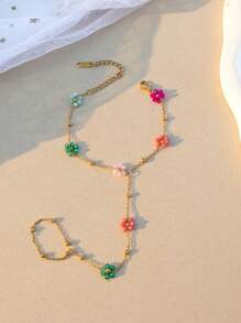 1pc Elegant Handmade Beaded Colorful Flower Design Stainless Steel Full Finger Ring Chain Bracelet For Women
