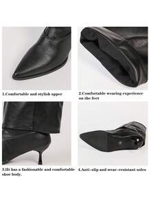 女士高跟靴、尖头小猫跟坡跟靴、性感裤靴、叠跟及膝靴、复古过膝靴、时尚西部靴 - 黑色 - 查看 8