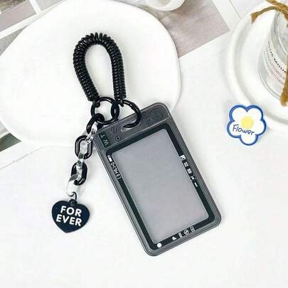 Clear Kpop Photocard Holder With Keychain Spiral Wrist Coil, Cute ID Card Protector Photo Display Case Badge Holder