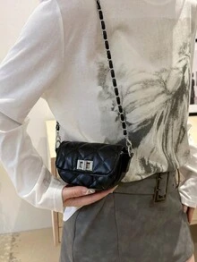 女士时尚迷你斜挎包，链条肩带翻盖锁迷你半圆形钱包 - 黑色 - 查看 3