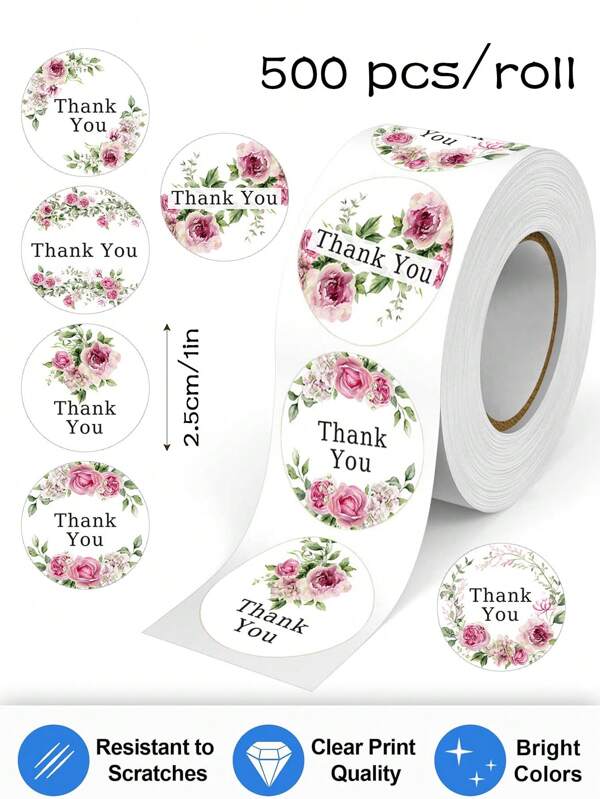 500pcs Rose Floral English Gratitude Stickers, 1 Inch Round, Suitable For Daily And Holiday Parties, Wedding Decorations, Envelope Cards, Bouquets, Gift DIY Decorations, PVC Stickers, Handmade Product Labels, Jar Sealing Stickers,For School Supplies,Back To School