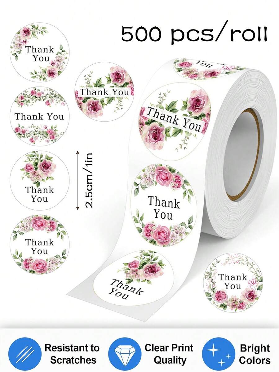 500 张玫瑰花卉英文感恩贴纸，1 英寸圆形，适用于日常和节日派对、婚礼装饰、信封卡、花束、礼品 DIY 装饰、PVC 贴纸、手工产品标签、罐子密封贴纸、用于学校用品、返校