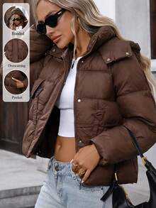 Damen verdickte kurze Kapuzen-Reißverschluss-Daunenjacke, warmer Outdoor-Mantel für den Winter - Kaffeebraun - Übersicht 2