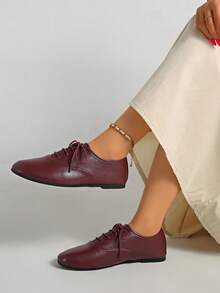 0.5 Size Smaller New Spring/Summer/Autumn Soft Comfortable Lightweight Low Heel Ballerina Flats, Fashion Work Shoes For Women, Red, Black, Burgundy, Casual Sneakers, Closed Toe Mary Jane Lolita Shoes, Ballet Flats - Burgundy - View 4