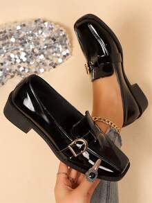 女士百搭方头休闲鞋，金属扣装饰，低跟，镜面材质，一脚蹬乐福鞋，粗跟小皮鞋，工作鞋，女式乐福鞋，玛丽珍鞋，透明高跟鞋，女式高跟鞋，女式穆勒鞋，办公鞋，女鞋，黑色中跟鞋，工作鞋，学院风，复古平底鞋，简约平底鞋，女士正装鞋，春秋平底鞋，女式一脚蹬鞋，黑色鞋，黑色高跟鞋，女鞋，粗跟鞋，厚底鞋 - 黑色 - 查看 7