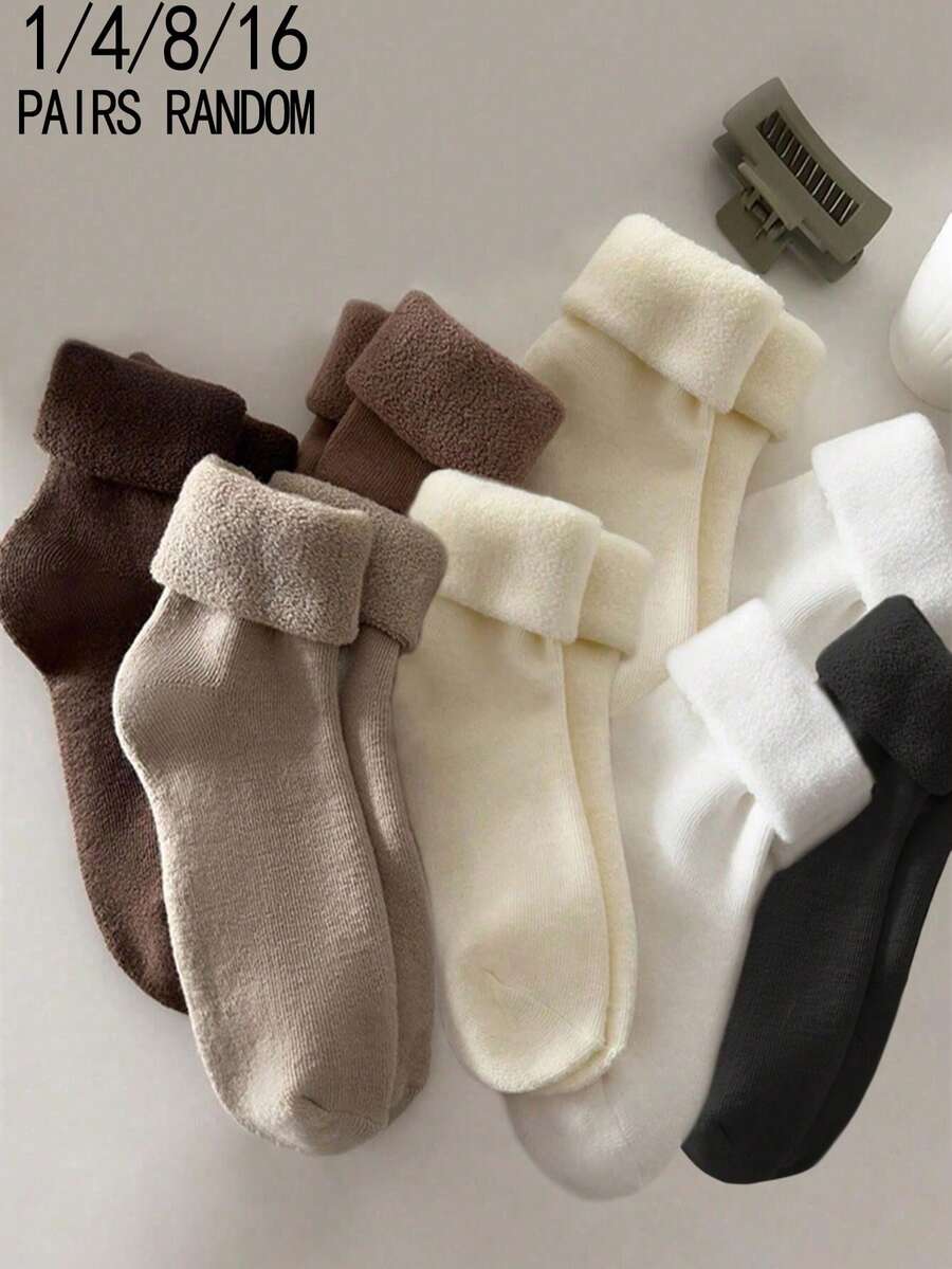 1/3/4/8/16 Pairs Women's Solid Color Warm Thermal Lined Mid-Calf Socks, Winter