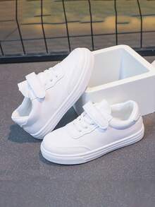 一双儿童简约白色运动鞋，采用魔术贴设计，适合上学、体育课、周末玩耍、玩伴约会和各种场景的日常穿着，儿童鞋，女童鞋，校鞋，男童运动鞋，女童运动鞋 - 白色 - 查看 4