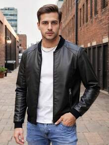 Officeau 男士商务休闲黑色棒球领PU皮夹克，常规版型，秋冬款 - 黑色 - 查看 5