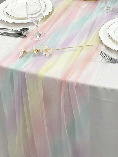 1pc Rainbow Ombre Table Runner - Elegant Polyester Chiffon Fabric In Gradient Pink To Blue, Suitable For Weddings, Birthdays, Baby Showers, Room Decor, Anniversaries, And Parties, As Well As Back To School And Valentine's Day Chiffon Table Runner (Pink), Dining Table Decor, Baby Shower, And Holiday Decorations. (Please Note: Sizes Are Hand-Measured And May Have Slight Variations.)