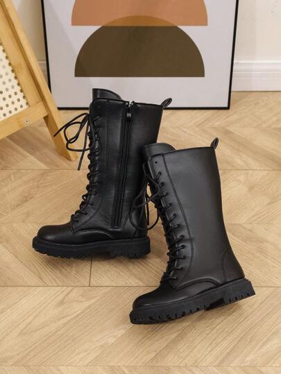 1 Paar Kleinkind Mädchen Einfarbige weiche, bequeme matte PU Leder Hohe Stiefel mit Seitlichem Reißverschluss, Schnürung vorne, runder Zehenbereich, warme dicke Sohle, modische vielseitige High-Top Prinzessin Allzweck Stiefel, geeignet für Alltag, Schule, Urlaub, Herbst/Winter Neuheit
