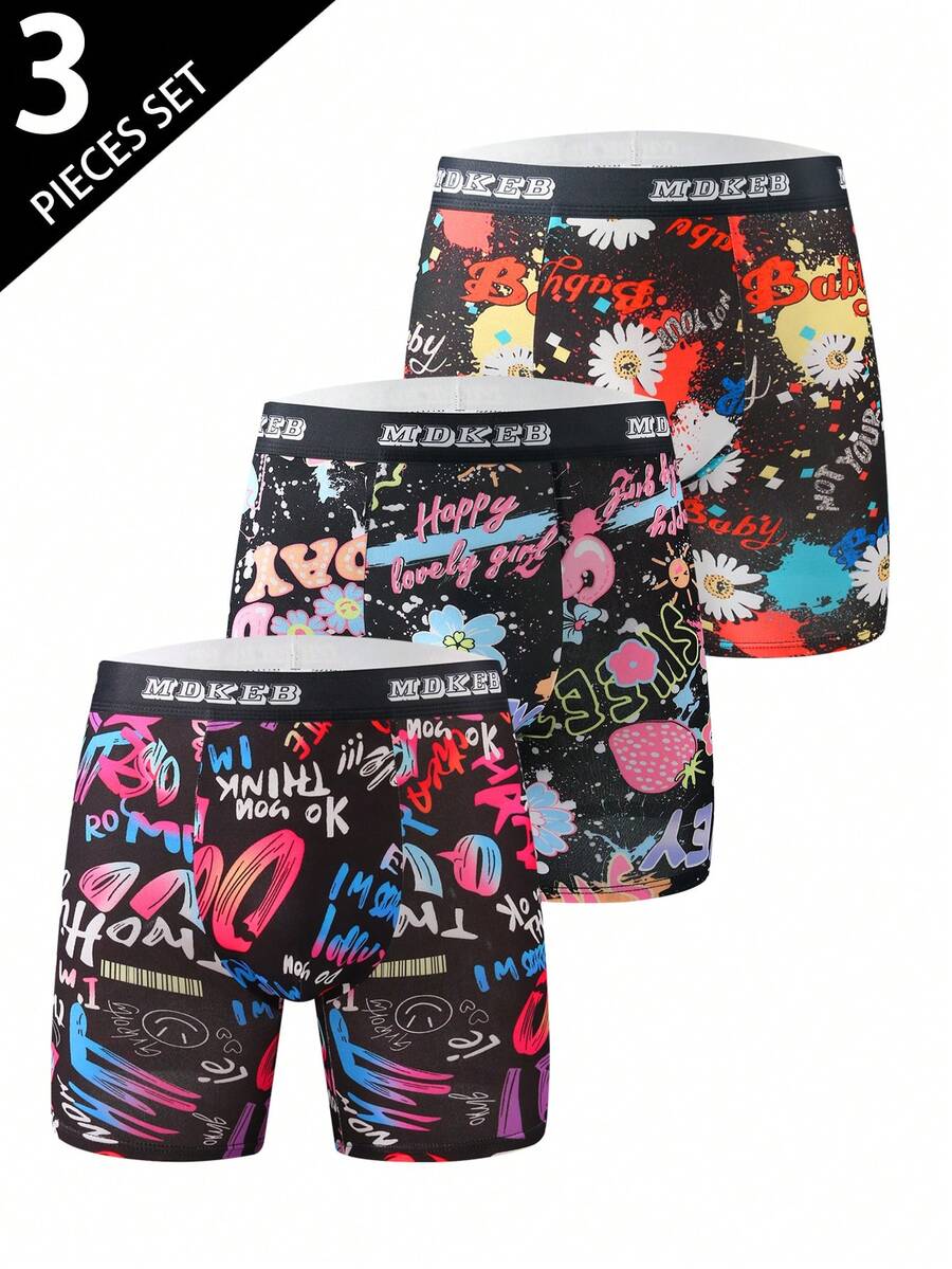 3 piezas Bóxer largos de hombre con estampado de flores y graffiti de fresas, shorts de boxeo cómodos y transpirables de gran elasticidad, shorts deportivos, ropa interior de hombre con diseños novedosos