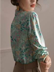 女士度假风格印花长袖衬衫（花卉图案随机剪裁）， - 綠色 - 查看 3