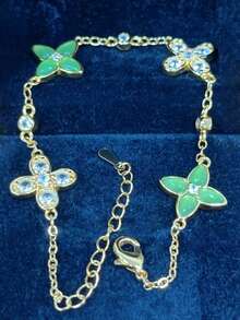 1 件法式复古新中式绿玛瑙和玉石镶嵌四叶花手链，优雅别致，适合女性日常、节日、派对佩戴、女友礼物 - 金色 - 查看 2