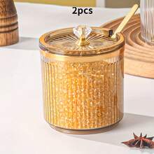 1 件优雅欧式调味罐套装带勺 - 防锈聚丙烯，透明金色装饰，适用于盐、糖和香料，厨房必备储物，香料收纳盒 | 透明设计 | 装饰盖，香料罐