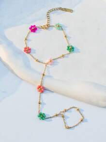 1pc Elegant Handmade Beaded Colorful Flower Design Stainless Steel Full Finger Ring Chain Bracelet For Women