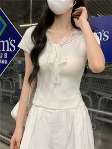 Solid Color Minimalist Lace Patchwork Knitted Top White Summer - White - View 4