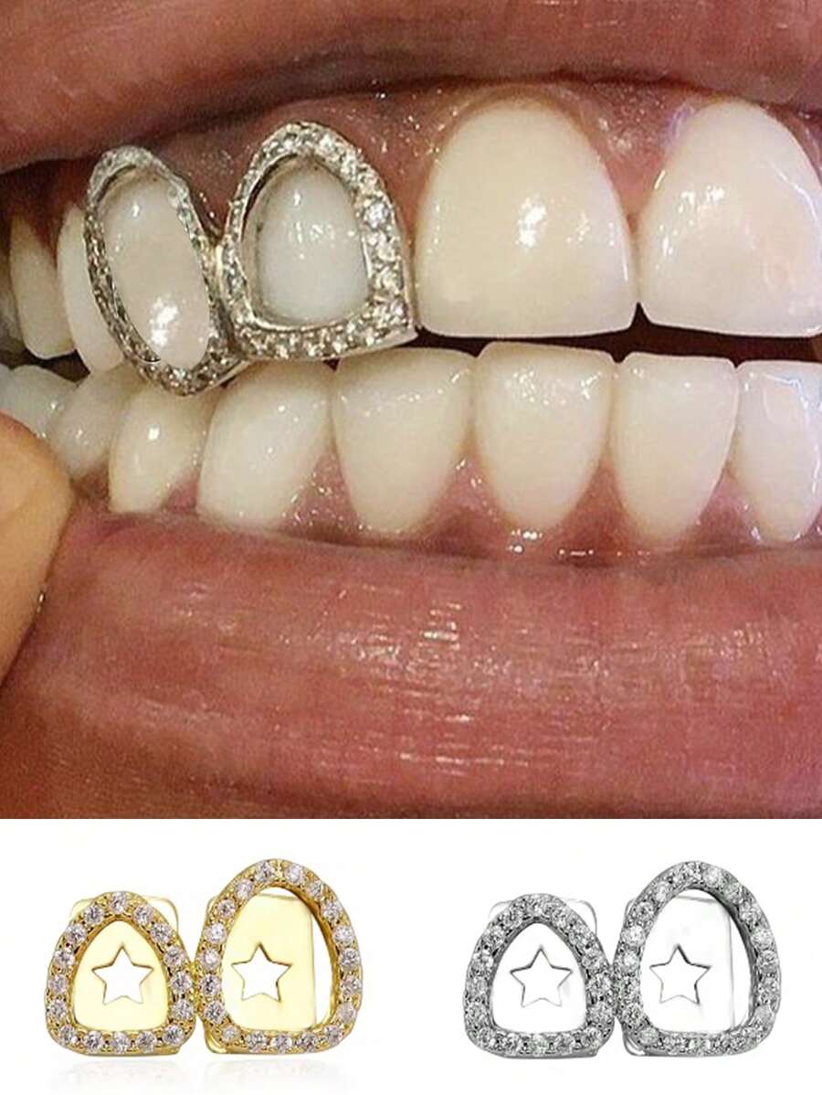 1 Set Unisex Hollow Gold & Silver Tooth Grillz, Suitable For Nightclub, Halloween, Christmas Wear - Multicolor - View 1