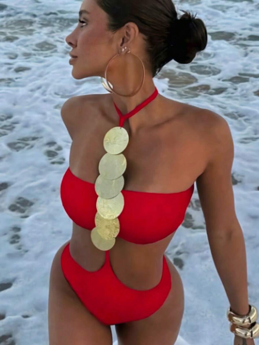 1pc Women's Sexy Halter Sequin Decor One-Piece Swimsuit