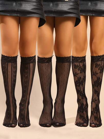 3 Pairs Women's Lace Mid-Calf Socks, Women's Thin Stockings For Summer, Fashionable Hollow Out Leg Socks