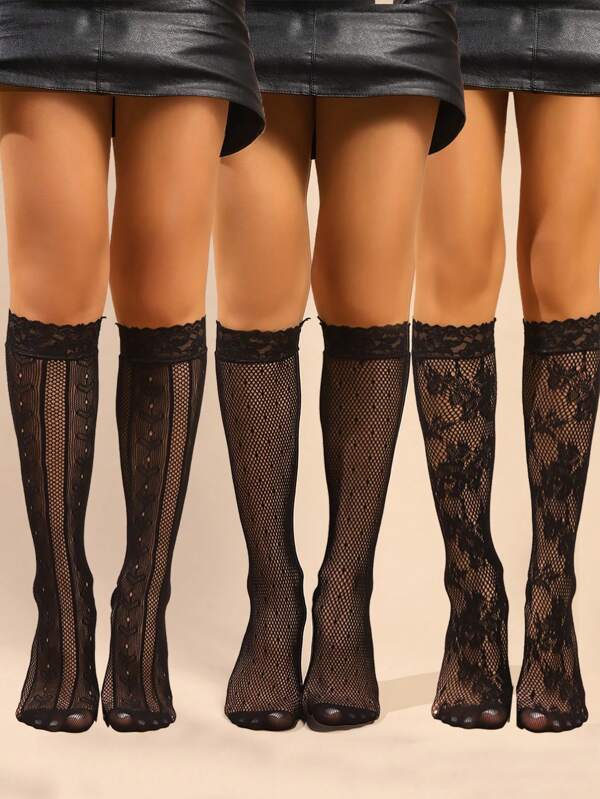 3 pares de calcetines de encaje hasta la pantorrilla para mujer, medias finas para mujer para el verano, calcetines con diseño calado y elegante