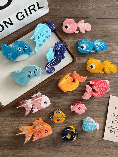 新款海洋系列发夹，独特设计的醋酸纤维爪夹，饰有可爱的海洋动物图案，如海豹和鲨鱼，适合学生和女孩佩戴，百搭时尚的发饰