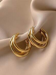 1 Set Minimalist Vintage European & American Style C-Shaped Multi-Layer Small Circle Stud Earrings, Geometric Twisted Metal Texture Earring Set, Suitable For Women's Daily And Holiday Wear - Set a - View 3